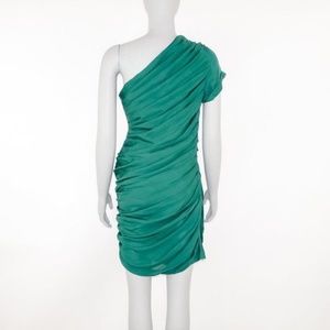 Halston Heritage Silk Green One Shoulder Ruched dress